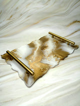 Plateau de Service en Résine Époxy Blanc et Or | Décoration de Luxe Fait Main | Plateau Décoratif Élégant | Cadeau Maison Unique