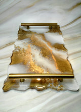 Plateau de Service en Résine Époxy Blanc et Or | Décoration de Luxe Fait Main | Plateau Décoratif Élégant | Cadeau Maison Unique